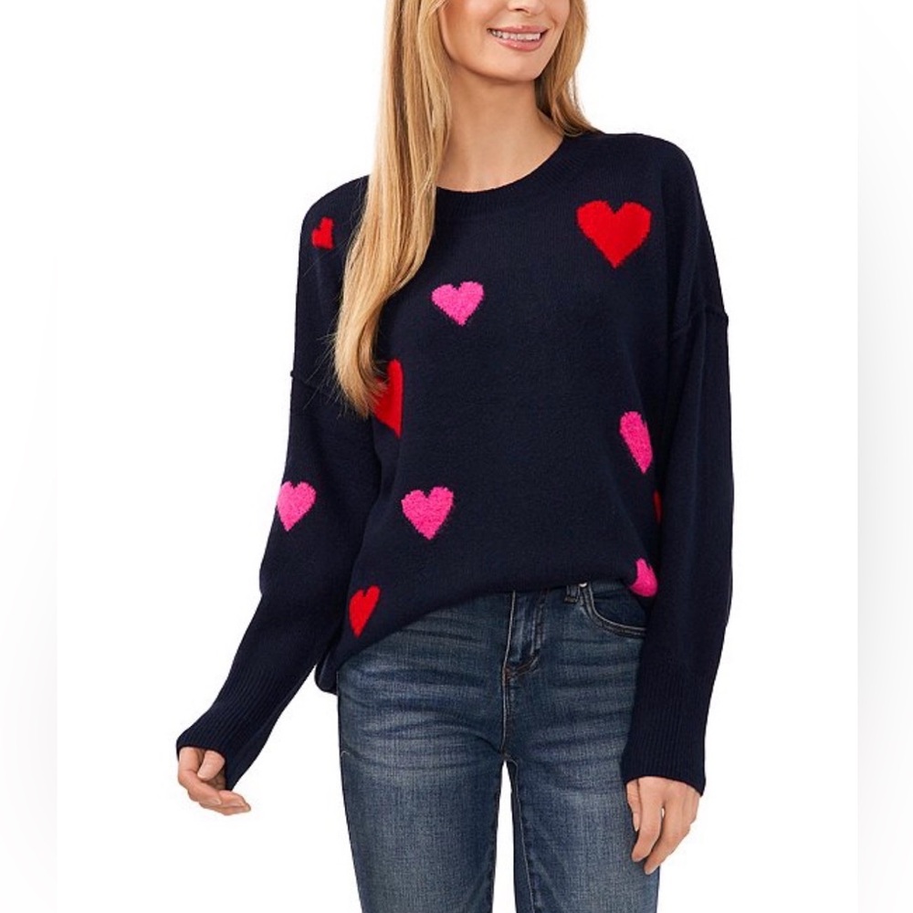 CeCe Women’s Midnight Blue Heart Pattern Crew Neck Sweater